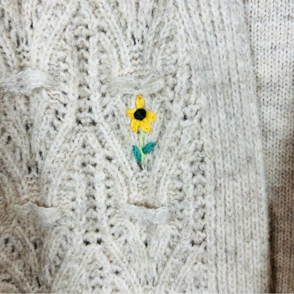 Lush Wool Blend Oatmeal Embroidered Floral Knit Cardigan Sweater Women size L - Picture 10 of 13